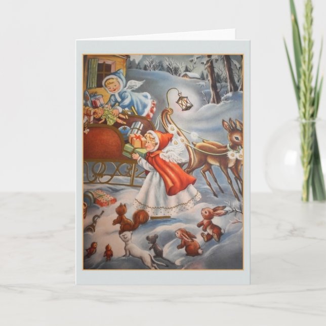 Anges vintages et carte de Noël de Sleigh de jouet (Devant)