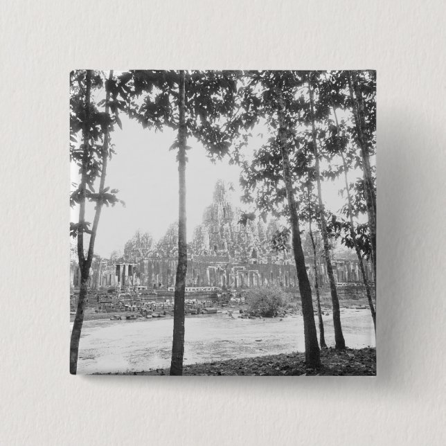 Angkor Cambodia, View of the Bayon 2 Inch Square Button (Front)