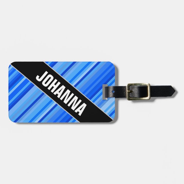 Angled Name + Stripes of Blue Pattern Luggage Tag (Front Horizontal)