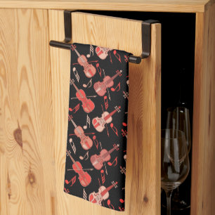 Angled Violin and Music Notes Kitchen Towel
