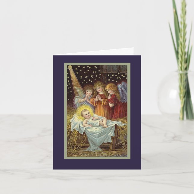 Angles bibliques vintages en Manger Carte de Noël (Devant)
