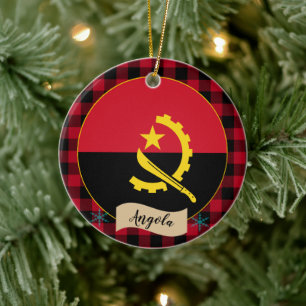 Angola, Red buffalo plaid & Angolan Flag Ceramic Ornament