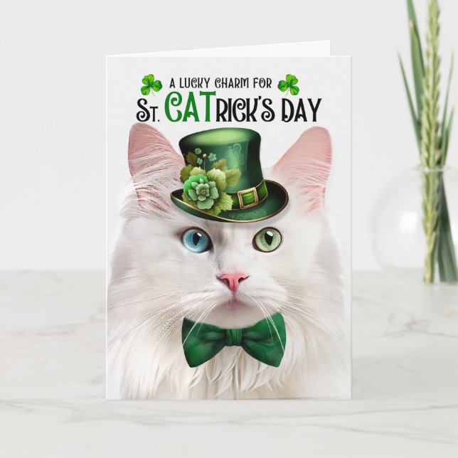 Angora Cat Funny St. CATrick's Day Lucky Charm Holiday Card (Front)