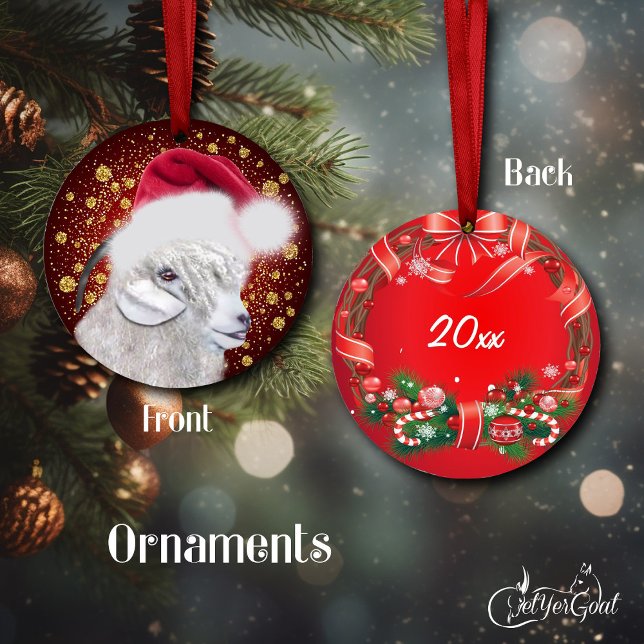 Angora Chèvre Santa Hat Ornement de Noël (Oil portrait of an Angora goat doe my AngelFace, gold snowflakes, dated on the back #zazzlemade)