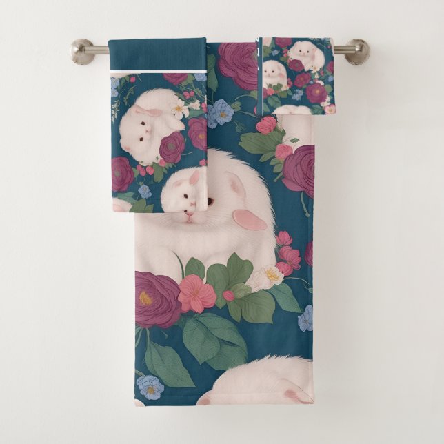 Angora Ferret Small Floral Colourful Pattern Bath Towel Set (Insitu)