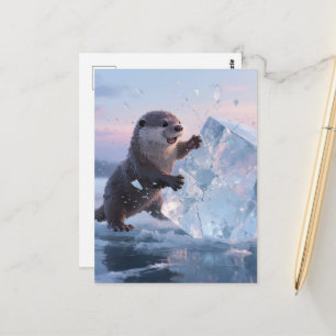 Angry Adorable otter breaking an ice block  Postcard