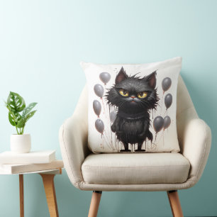 Angry Black Cat and Balloons Throw Pillow