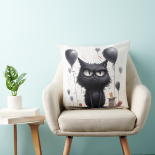 Angry Black Cat and Balloons Throw Pillow