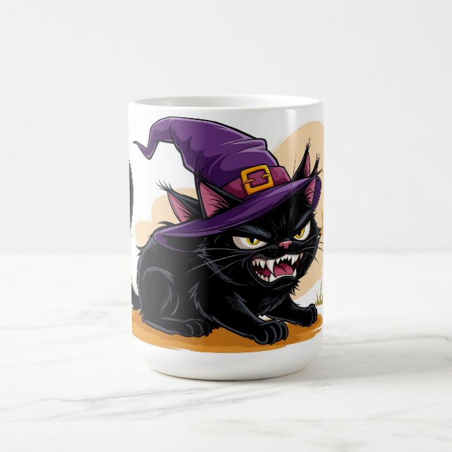 Angry Black Cat In Witch Hat Halloween Magic Glow  Coffee Mug (Center)