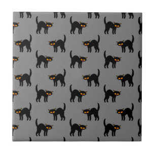 Angry Black Cat Yellow Eyes Grey Halloween Gifts Tile