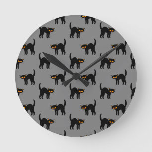 Angry Black Cat Yellow Eyes Grey Halloween Round Clock