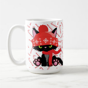 ANGRY BLACK CHRISTMAS KITTEN WITH KNIT HAT COFFEE MUG
