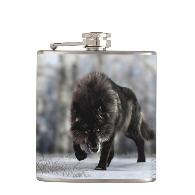 Angry black wolf hip flask (Front)