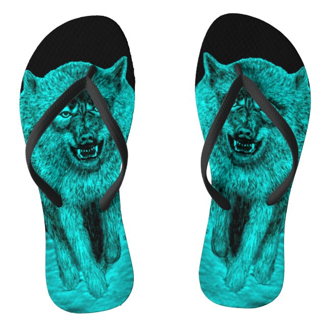 Angry Black Wolf in the Night Flip Flops (Footbed)