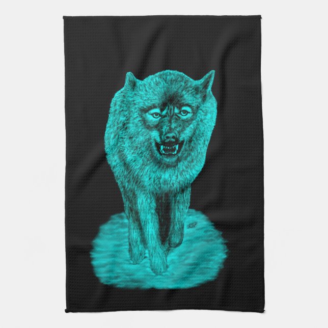 Angry Black Wolf in the Night Kitchen Towel (Vertical)