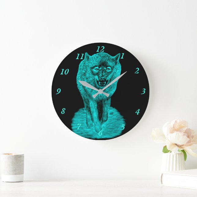Angry Black Wolf in the Night Large Clock (Home)