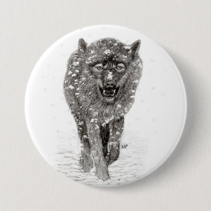 Angry Black Wolf in the Snow , wild Winter 3 Inch Round Button