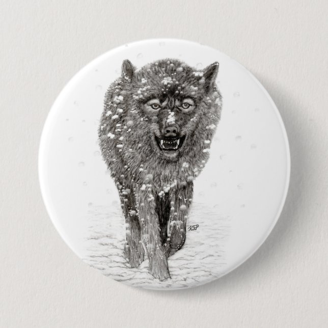 Angry Black Wolf in the Snow , wild Winter 3 Inch Round Button (Front)