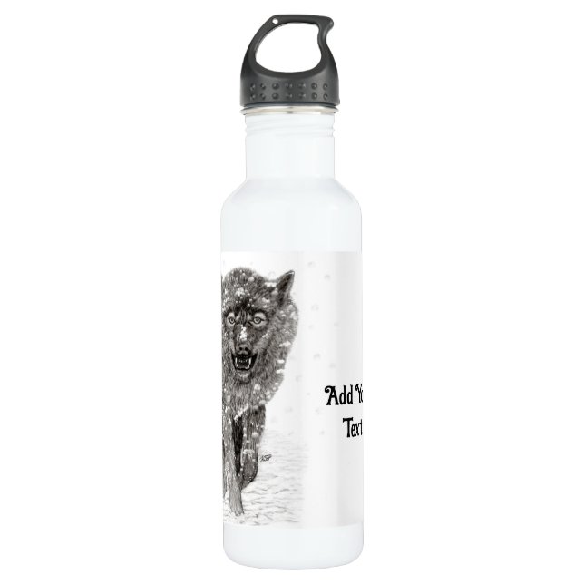 Angry Black Wolf in the Snow , wild Winter 710 Ml Water Bottle (Front)