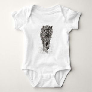 Angry Black Wolf in the Snow , wild Winter Baby Bodysuit
