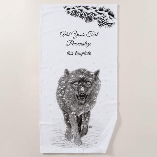 Angry Black Wolf in the Snow , wild Winter Beach Towel (Front)