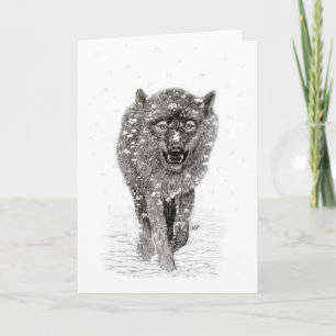 Angry Black Wolf in the Snow , wild Winter Card
