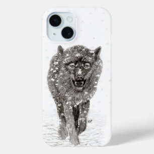 Angry Black Wolf in the Snow , wild Winter iPhone 15 Case