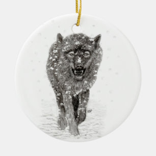 Angry Black Wolf in the Snow , wild Winter Ceramic Ornament