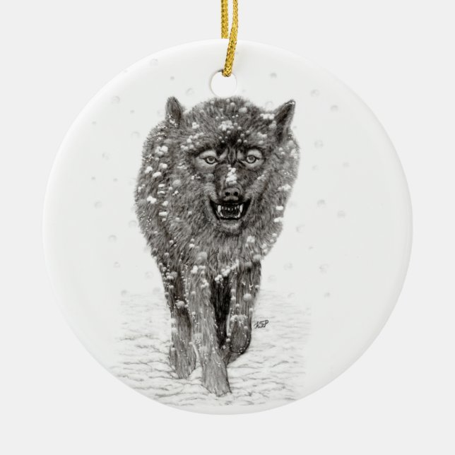 Angry Black Wolf in the Snow , wild Winter Ceramic Ornament (Front)