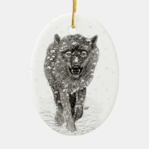 Angry Black Wolf in the Snow , wild Winter Ceramic Ornament