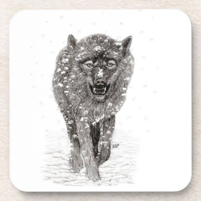 Angry Black Wolf in the Snow , wild Winter Coaster (Front)