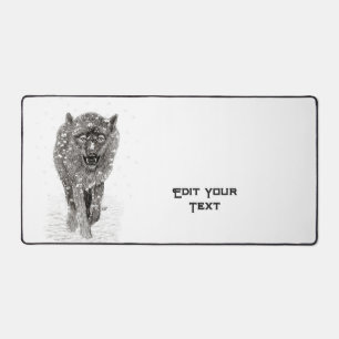 Angry Black Wolf in the Snow , wild Winter Desk Mat