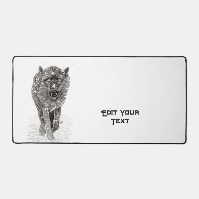Angry Black Wolf in the Snow , wild Winter Desk Mat (Front)