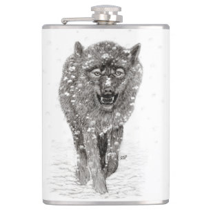 Angry Black Wolf in the Snow , wild Winter Hip Flask