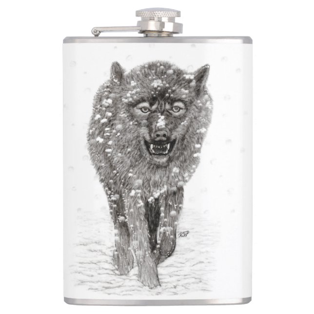 Angry Black Wolf in the Snow , wild Winter Hip Flask (Front)