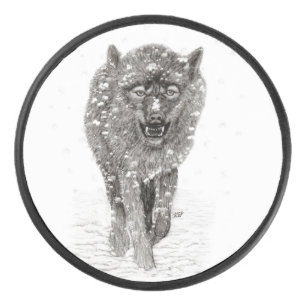 Angry Black Wolf in the Snow , wild Winter Hockey Puck