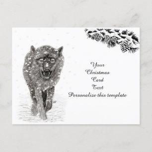Angry Black Wolf in the Snow , wild Winter Holiday Postcard