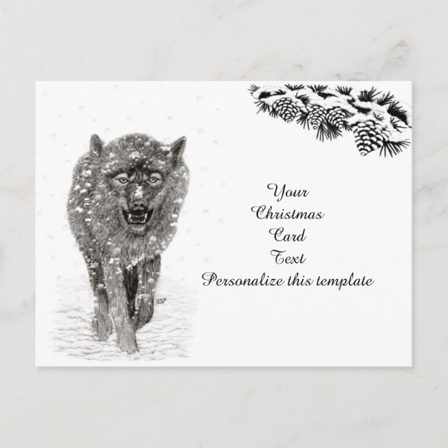 Angry Black Wolf in the Snow , wild Winter Holiday Postcard (Front)