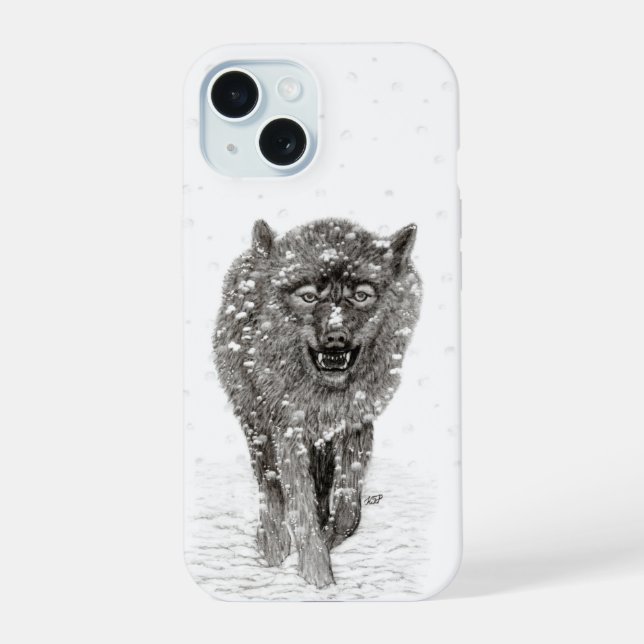 Angry Black Wolf in the Snow , wild Winter iPhone 15 Case (Back)