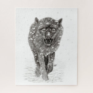 Angry Black Wolf in the Snow , wild Winter Jigsaw Puzzle
