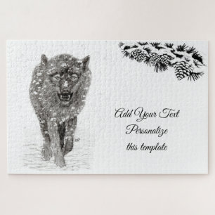 Angry Black Wolf in the Snow , wild Winter Jigsaw Puzzle