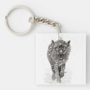 Angry Black Wolf in the Snow , wild Winter Keychain