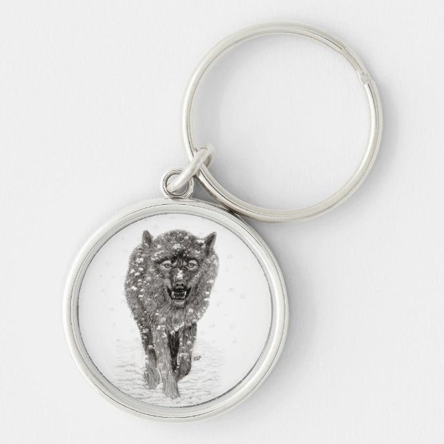 Angry Black Wolf in the Snow , wild Winter Keychain (Front)