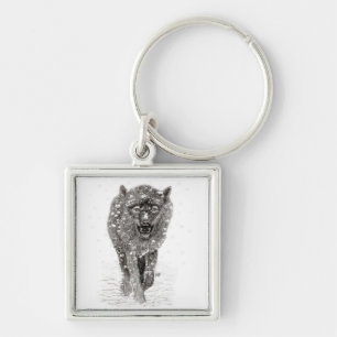 Angry Black Wolf in the Snow , wild Winter Keychain