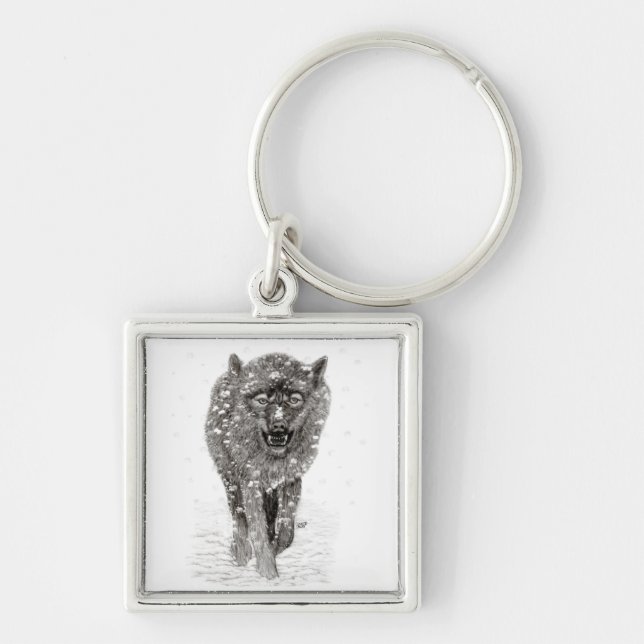 Angry Black Wolf in the Snow , wild Winter Keychain (Front)
