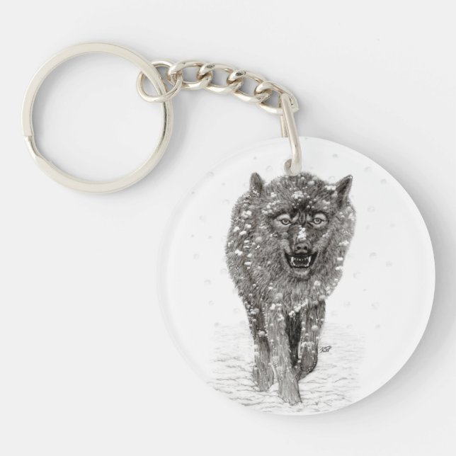 Angry Black Wolf in the Snow , wild Winter Keychain (Front)
