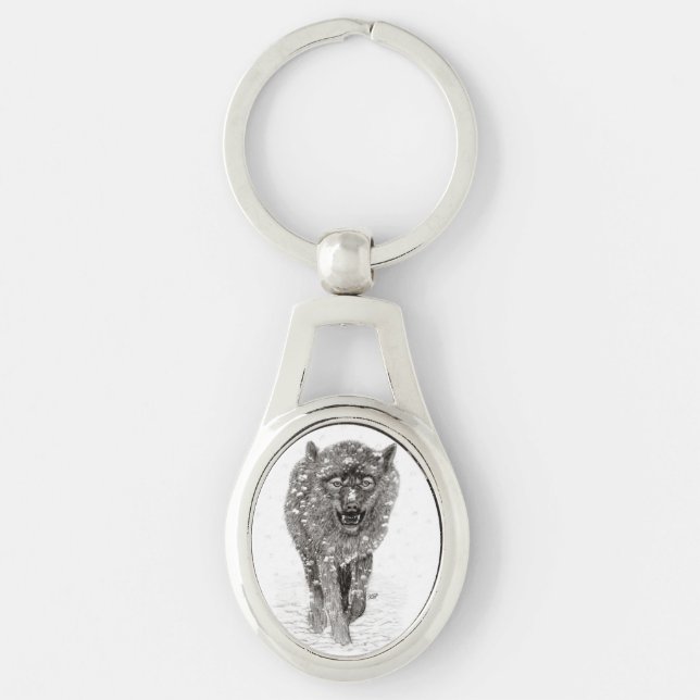 Angry Black Wolf in the Snow , wild Winter Keychain (Front)