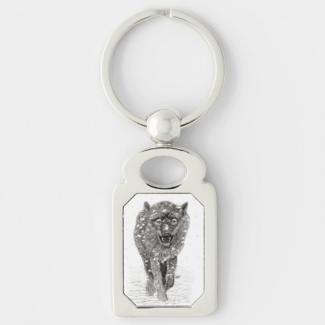 Angry Black Wolf in the Snow , wild Winter Keychain (Front)