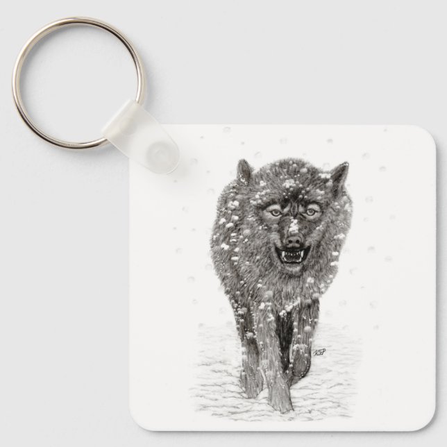 Angry Black Wolf in the Snow , wild Winter Keychain (Front)
