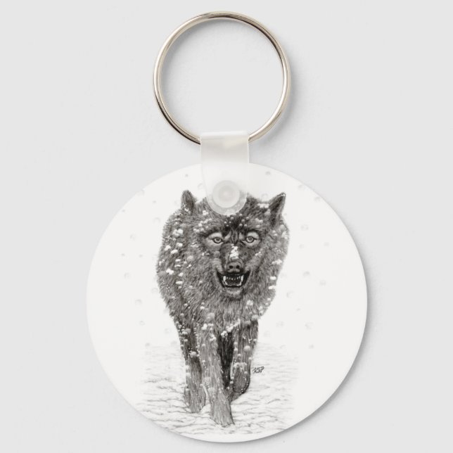 Angry Black Wolf in the Snow , wild Winter Keychain (Front)